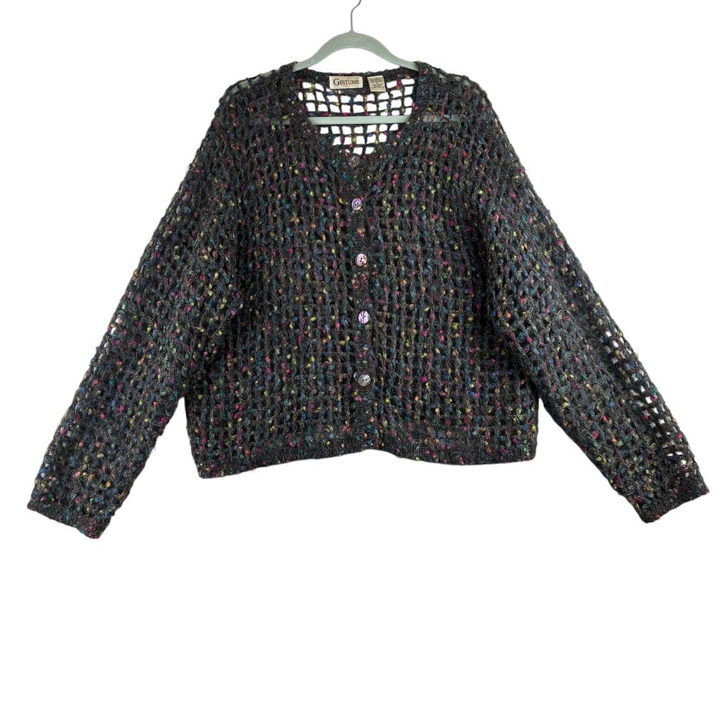 Vintage Gestures Mohair Cardigan Sweater Women Large Opn Weave Confetti Gray Y2K